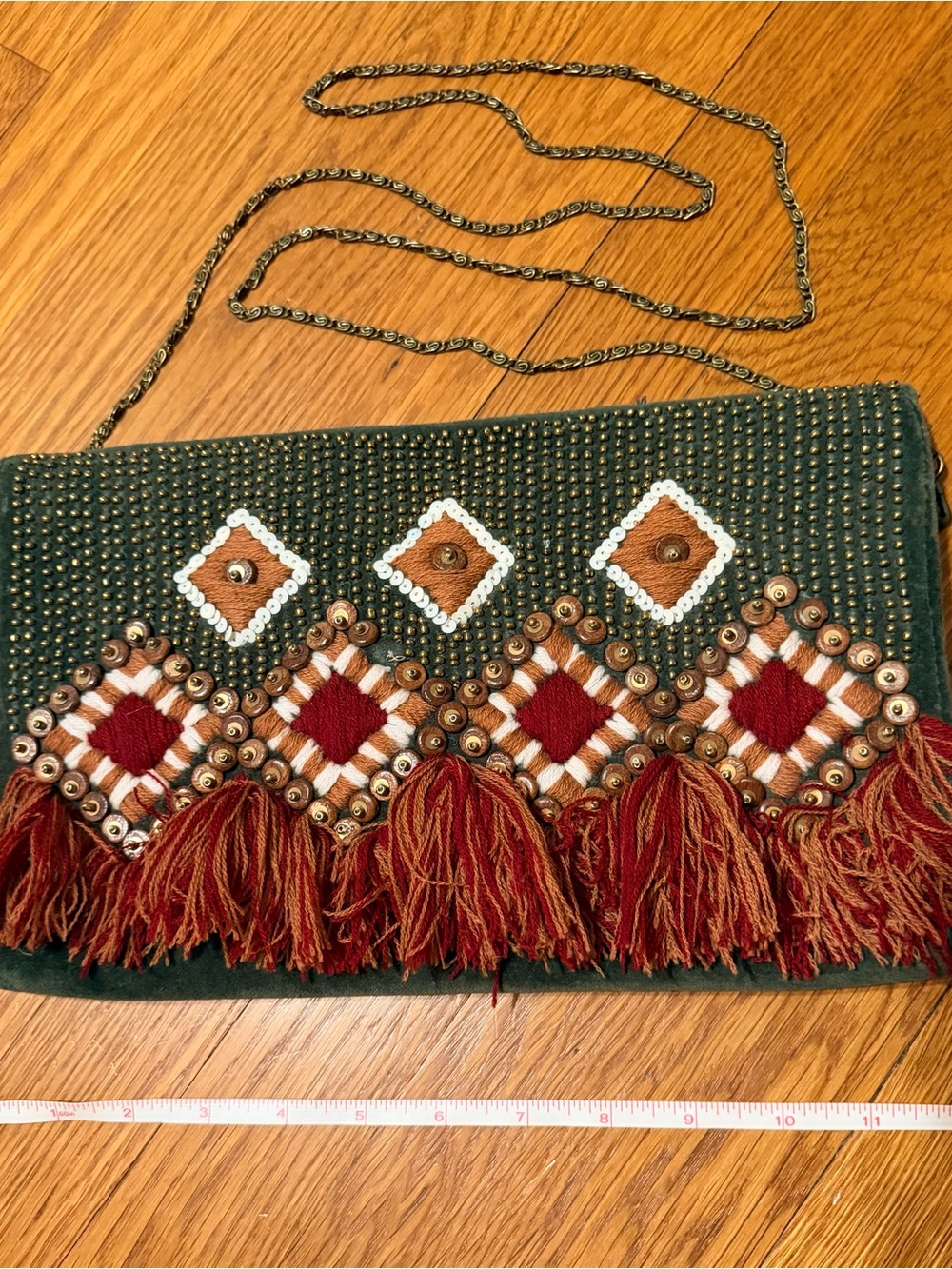 Gorgeous Boho Tassel Embroidered Green Clutch/Crossbody With Detachable Chain